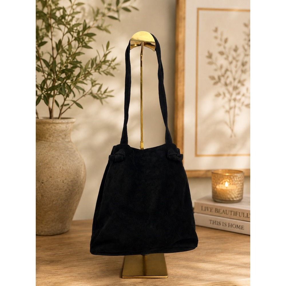 Giani Bernini Black Suede Shoulder Bag Knot Detail Bucket Tote Gold Hardware